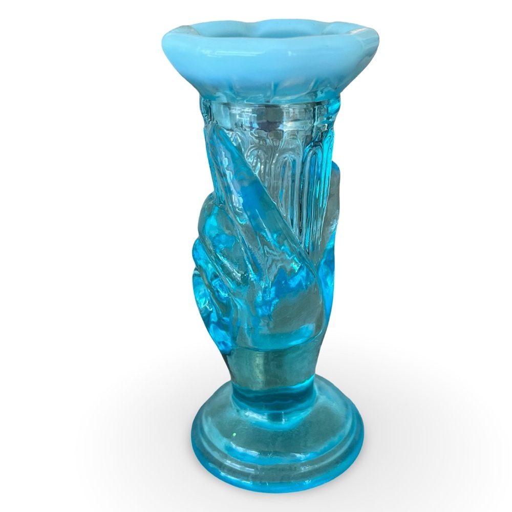 Vintage Fenton Blue Opalescent Miniature Hand Vase 4”